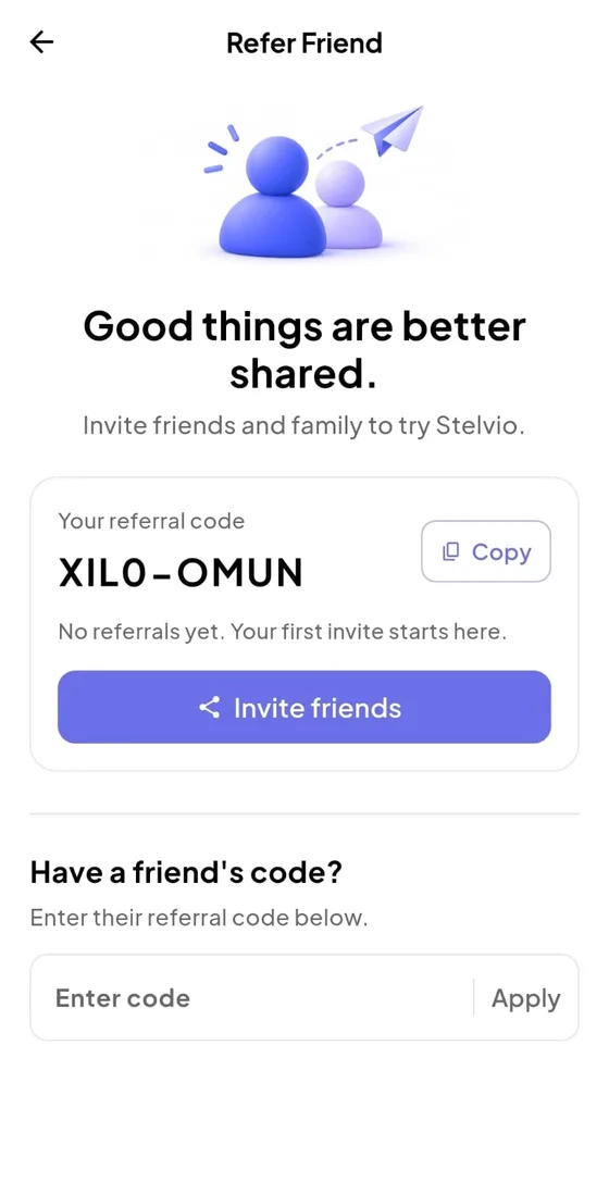 Stelvio app refer a friend screen with referral code